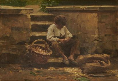 null Attribué à François THEVENOT
(1856 - ?)
Jeune vendeur de champignons
Sur sa...