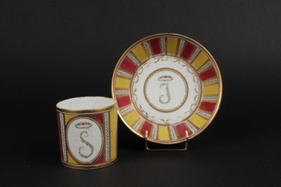 null PARIS
Tasse de forme litron et sa soucoupe en porcelaine dure à décor polychrome...