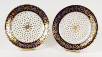 null SÈVRES
Deux assiettes en porcelaine du service capraire à décor en or au centre...