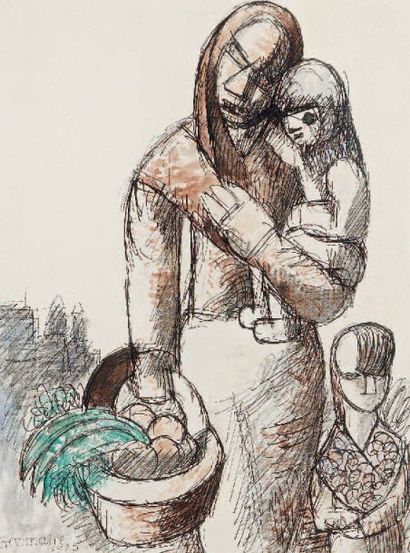 Marcel GROMAIRE (1892-1971) Femme et enfants, 1925. Technique mixte sur papier, signée...