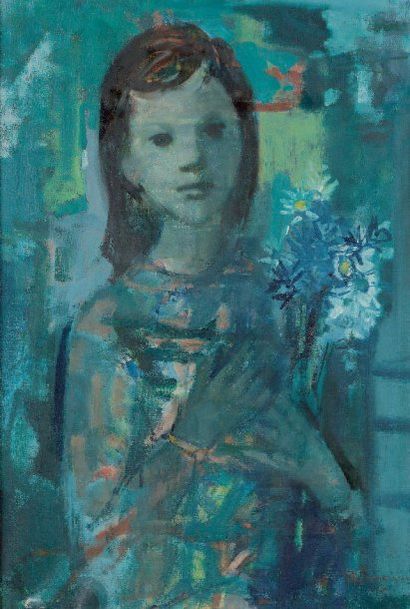 José PALMEIRO (1901-1984) Jeune fille au bouquet, circa 1950 Huile sur toile, signée...