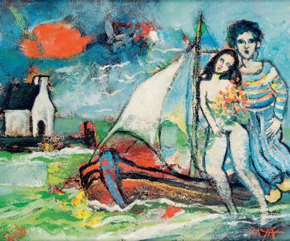 Alain RAYA SORKINE (Né en 1936) Les amoureux de Bretagne Huile sur toile signée en...