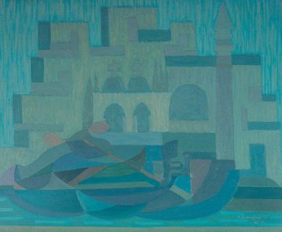 Serge CHARCHOUNE (1889-1975) Gondola San Marco, 1952. Huile sur toile, signée et...
