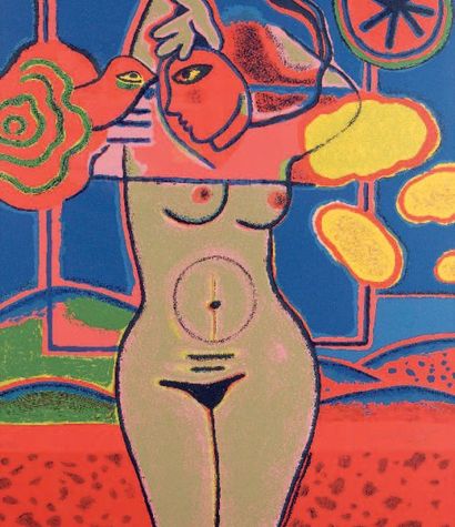 Corneille (Né en 1922) Femme nue à l'oiseau, 1995 Lithographie en couleurs signée...