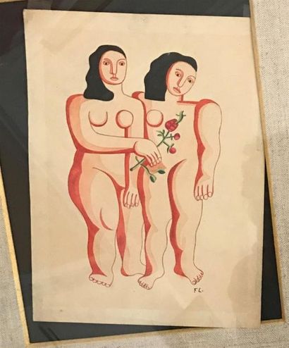 null ECOLE MODERNE 
Deux femmes à la rose 
Aquarelle 
26 x 20 cm 