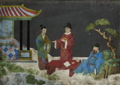 null CHINE - XIXe siècle
Peinture fixée sous verre, deux dignitaires dans un jardin...