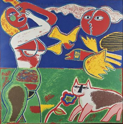 null CORNEILLE (1922-2010) 
Jeune femme au chat et oiseaux 
Epreuve d'artiste signée...