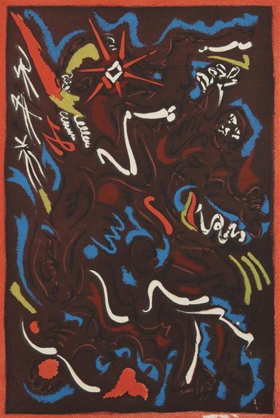 null André MASSON (1896-1987)
Composition abstraite rouge, bleu sur fond marron.
Lithographie...