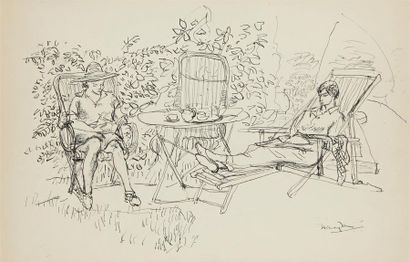 null Henri HAYDEN (1883-1970) 
Le thé au jardin 
Encre sur papier signé en bas à...