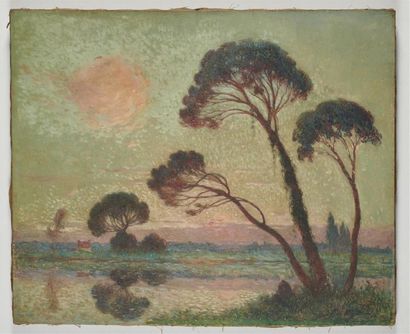 null Ferdinand Loyen du PUIGAUDEAU (1864-1930) 
Soleil couchant sur la Brière
Huile...