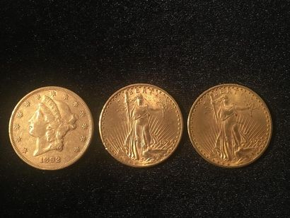 null * ETATS-UNIS, Trois pièces de 20 dollars en or, Liberty. 1892, 1924, 1925.
Poids...