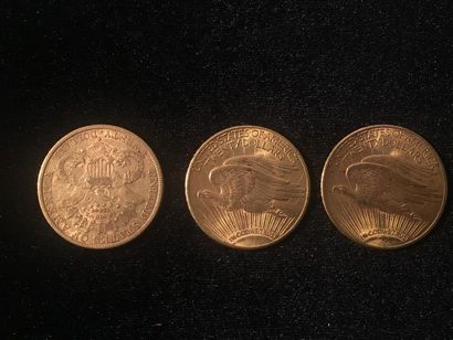 null * ETATS-UNIS, Trois pièces de 20 dollars en or, Liberty. 1892, 1924, 1925.
Poids...