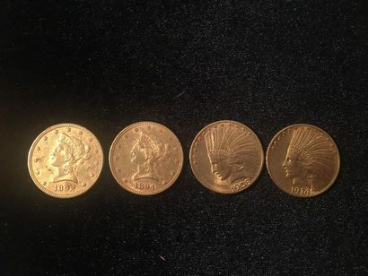null * ETATS-UNIS. Quatre pièces en or de dix dollars. Liberty et Indien. 1892-1894-1908-1914.
Poids...