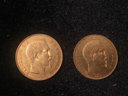 null * FRANCE. Deux pièces de 50 Francs or. Napoléon III tête nue. 1856 -1858.
Poids:...