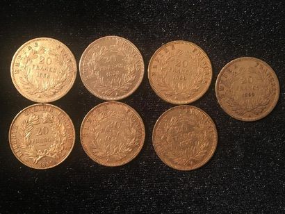 null * FRANCE.Sept pièces de 20 Francs or. Cérès 1851 (1), Napoléon III tête nue...