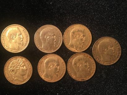 null * FRANCE.Sept pièces de 20 Francs or. Cérès 1851 (1), Napoléon III tête nue...