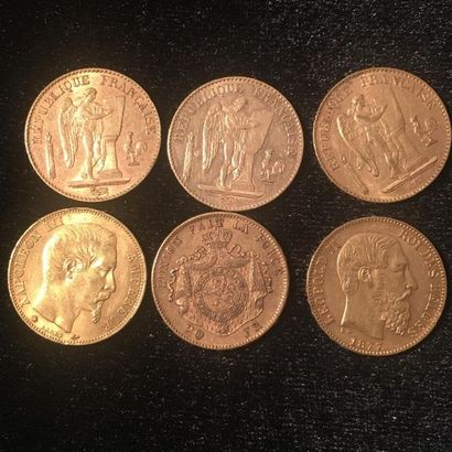 null * FRANCE. Six pièces de 20 Francs or. 1860(1), 1876(1), 1877(1), 1893(1), 1895(1),...