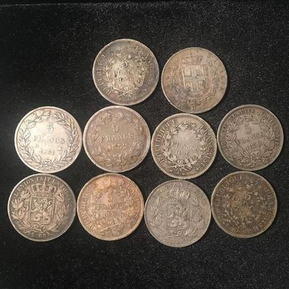 null FRANCE. Neuf pièces de 5 Francs en argent. 1831(1), 1832(1), 1849 (1), 1850(1),...