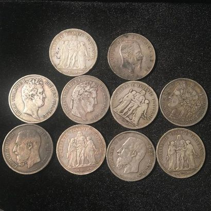 null FRANCE. Neuf pièces de 5 Francs en argent. 1831(1), 1832(1), 1849 (1), 1850(1),...