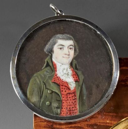 null ECOLE FRANCAISE du début du XIXe siècle 
Portrait d'homme en gilet rouge ,cravate...