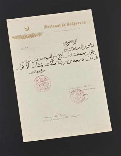 null Sultanat de Tadjourah - Ordre du Nichan el Anouar, fondé en 1887, brevet de...