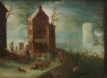 null Ecole flamande du XVIIe siècle, suiveur d'Adam Van Breen 
Paysage d'hiver animé
Cuivre...