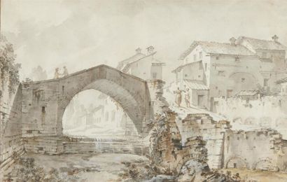 null Ecole italienne du XVIIIème siècle 
Paysage au pont
Plume et encre noire sur...