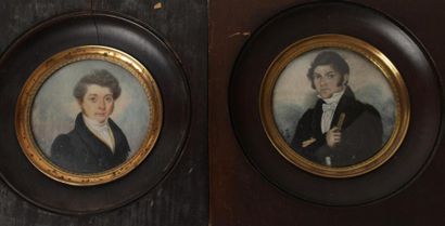 null ECOLE FRANCAISE du XIXème siècle. 
Deux miniatures rondes: Portrait d' homme...