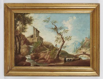 null ECOLE DU XIXe siècle 
Paysage animé de personnages au bord d'une rivière 
Huile...