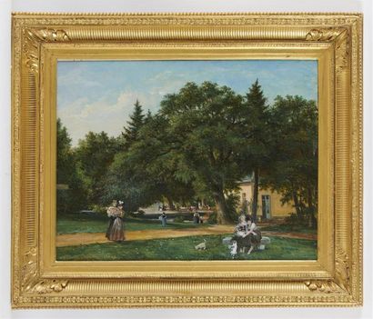 null Georges CROEGAERT (1848-1923)
Elégantes dans un jardin
Huile sur panneau signé...