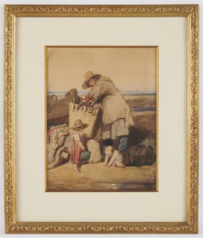 null Eugène LE POITTEVIN (1806-1870) 
Le pêcheur et ses enfants
Aquarelle signée...