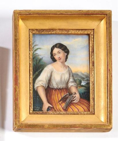 null ECOLE FRANCAISE du XIXe siècle 
Miniature (gondolée) présentant une femme à...