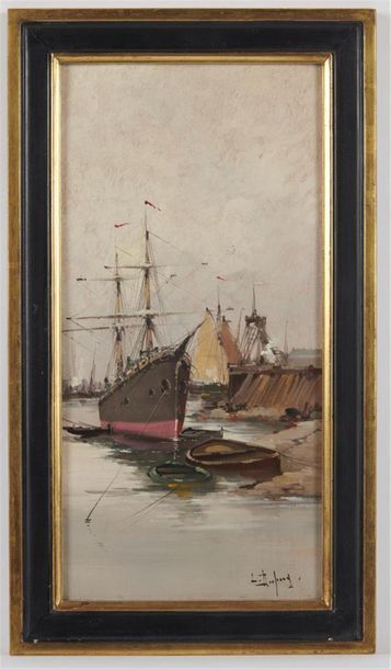 null Léon DUPUY ou Eugène GALIEN-LALOUE (1854-1941)
Voilier et barque 
Huile sur...