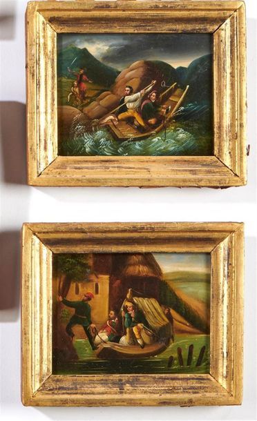 null LOT de quatre petits panneaux peints ; deux représentent des marins, un représentant...