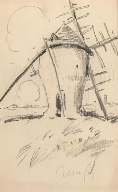 null Raymond RENEFER (1879-1957)
Le Moulin à vent, 
Dessin à la mine et crayons de...