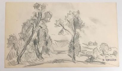 null Roger GRILLON (1881-1938) 
Paysage de campagne avec arbres 
Dessin au fusain...