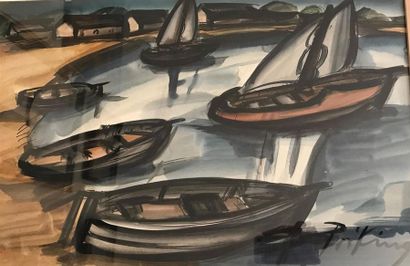 null Franz PRIKING (1929-1979)
Barques et voiliers
Aquarelle signée en bas à droite
32.5...