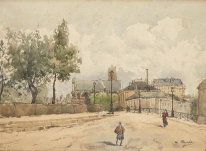null William Anslow THORNLEY (Actif de 1858 à 1898) : 
Vue d'un pont à Paris
Aquarelle...