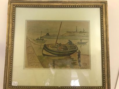 null Henri de SAINT DELIS (1878-1949) 
Bateaux à marée basse 
Aquarelle et crayon...