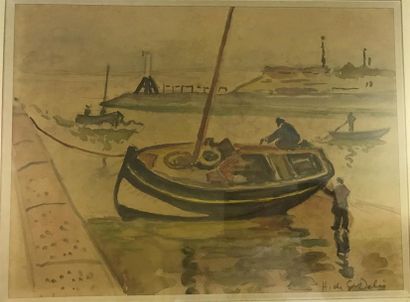 null Henri de SAINT DELIS (1878-1949) 
Bateaux à marée basse 
Aquarelle et crayon...