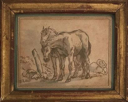 null ECOLE DU XIXe siècle 
Deux chevaux 
Dessin au lavis 
9 x 12 cm 