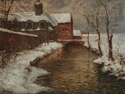 null Frits THAULOW (1847-1906) 
Petit-Appeville en hiver 
Huile sur toile signée...