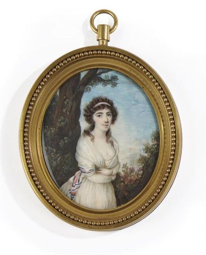 null ECOLE FRANCAISE du XIXe siècle 
Portrait de jeune femme en robe blanche, un...