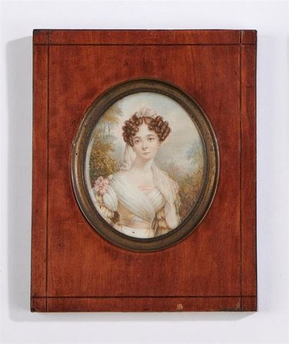null ECOLE FRANCAISE du XIXe siècle 
Portrait de femme
Miniature ovale monogrammée...
