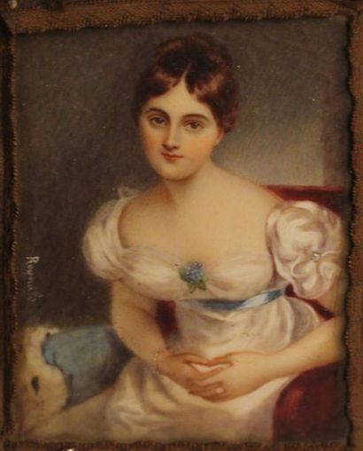 null ECOLE FRANCAISE du XIXe siècle 
Portrait de femme assise en robe blanche à ruban...