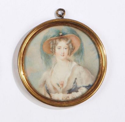 null ECOLE FRANCAISE du XIXe siècle 
Portrait de femme au chapeau à plumes d'autruche
Miniature...