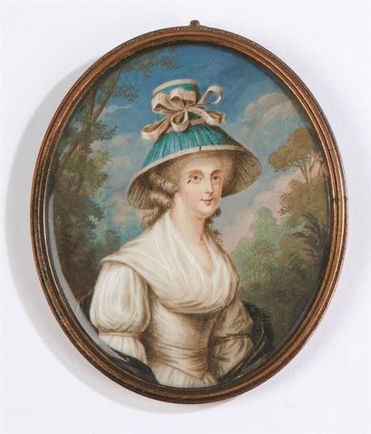null ECOLE ANGLAISE de la fin du XVIIIe siècle 
Portrait de femme au chapeau noué...
