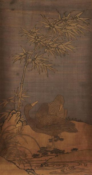 null CHINE - XIXe siècle
Panneau en soie tissé (kesi), représentant deux oies sauvages...