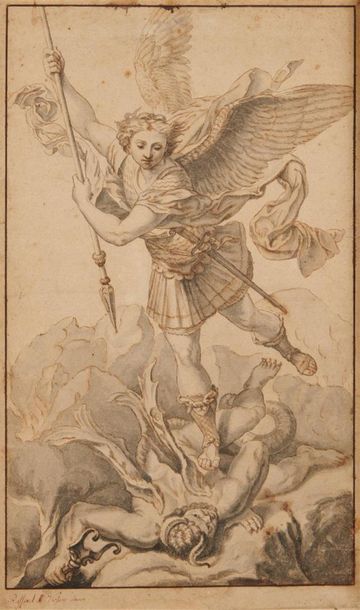 null Ecole italienne du XVIIème siècle 
Saint Michel d'après Raphaël
Plume et encre...