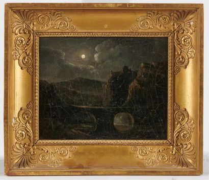 null ECOLE SUISSE du XIXe siècle: 
Vue de lac au clair de Lune avec un personnage...